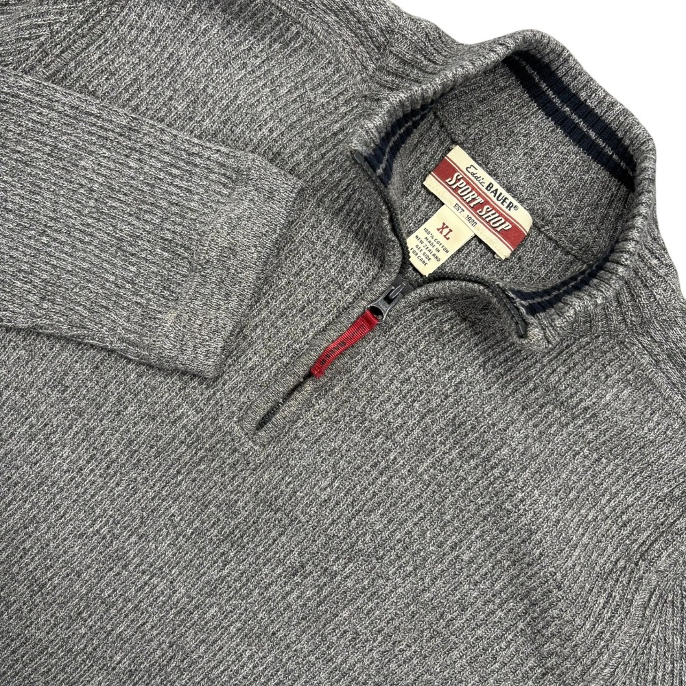 Eddie Bauer Sport Shop Sweater Mens XL Gray 1/4 Zip Fisherman Rib Knit VTG Y2K